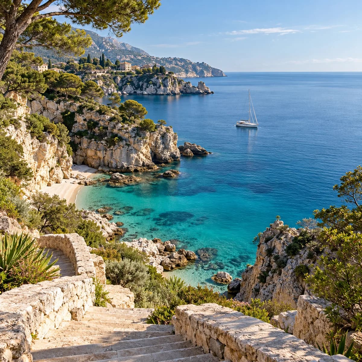 A secluded turquoise cove framed by limestone steps and coastal greenery