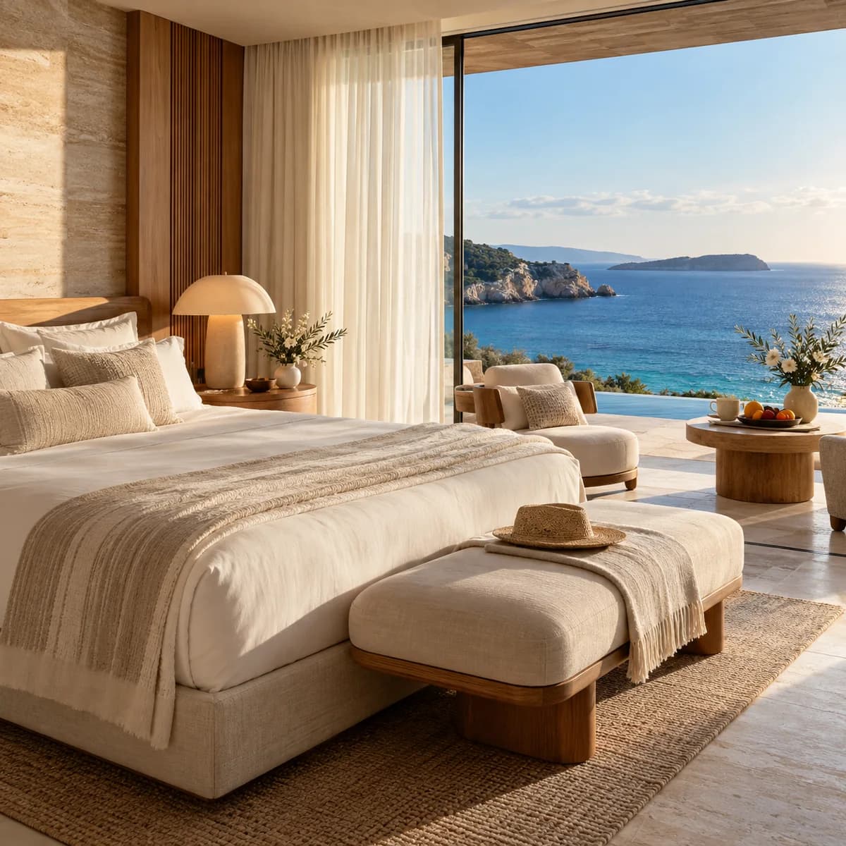 An ocean-view suite with ivory linens, natural oak and thoughtfully prepared guest amenities